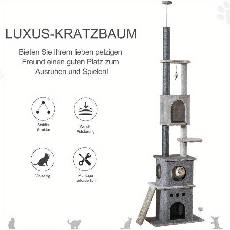 Krabpaal – Krabmeubel – Kattenpaal – Klimpaal – Krabton – Extra Hoog 225,5 cm – Verstelbare Hoogte – Stevige Basis – Lichtgrijs – Ruimtebesparend Design – Met Sisal Krabvlakken – Speeltoestellen