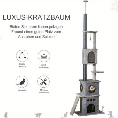 Krabpaal – Krabmeubel – Kattenpaal – Klimpaal – Krabton – Extra Hoog 225,5 cm – Verstelbare Hoogte – Stevige Basis – Lichtgrijs – Ruimtebesparend Design – Met Sisal Krabvlakken – Speeltoestellen