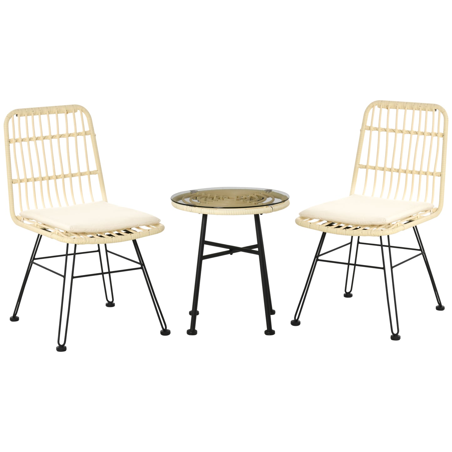 Bistro Tuinset 2 Personen – Tuinmeubel Set – Balkon Set – Terras Meubilair – 3-Delig Creme – Weerbestendig PE-Rattan – Gehard Glas Tafelblad