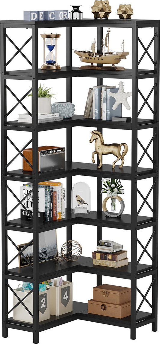 Boekenkast - Hoek Boekenkast met 7 Planken - Industrieel Grote Hoekplank - Spaanplaat - Zwart - 60 x 60 x 200 cm