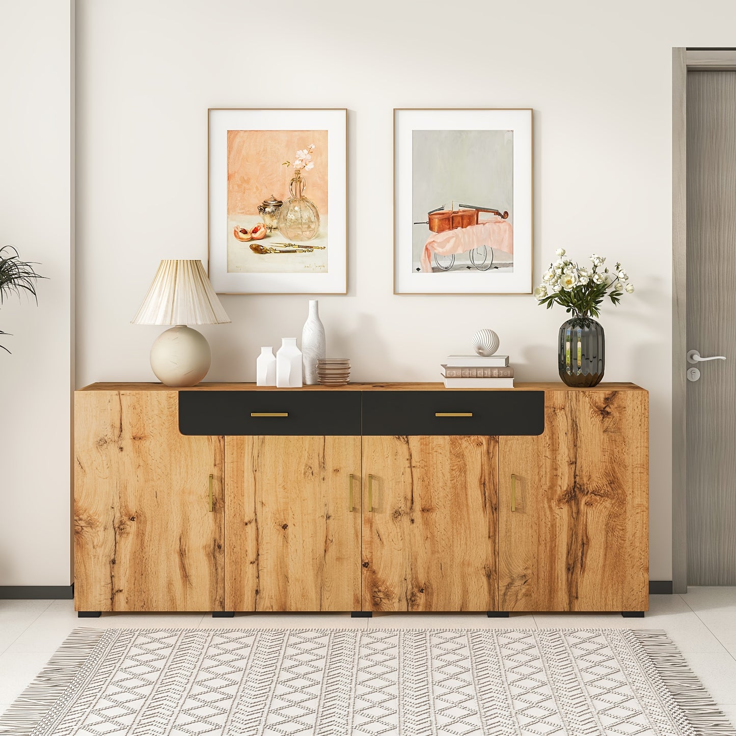 Dressoir – Opbergkast – Ladekast – Buffetkast – Kast – Hout – 208x39,5x80 cm – 4 Deuren en 2 Laden – Open Buffetgedeelte