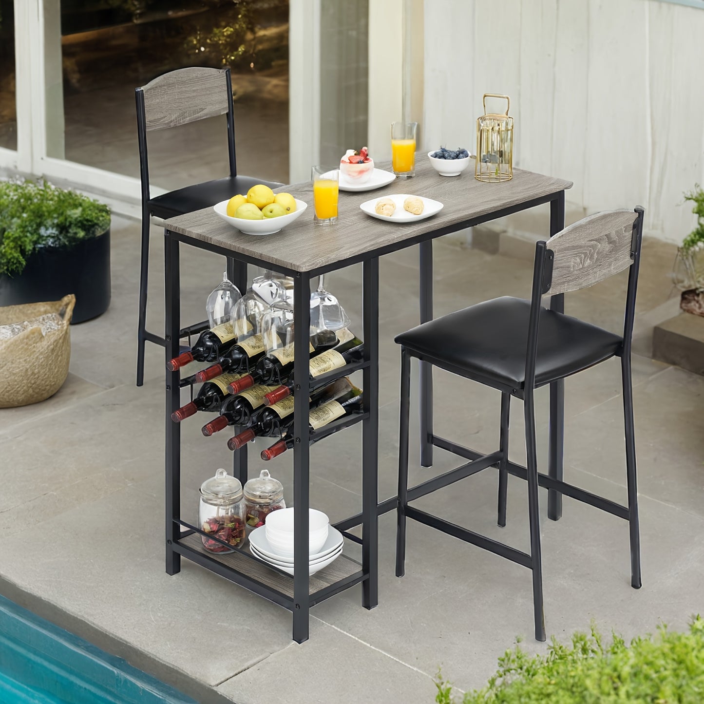 Bar Table Set – Bartafel – Bistroset – Koffietafel – Drinktafel – Industrieel Design – Inclusief 2 Barkrukken – 2-Tier Wijnrek Met Glashouder – Grijs