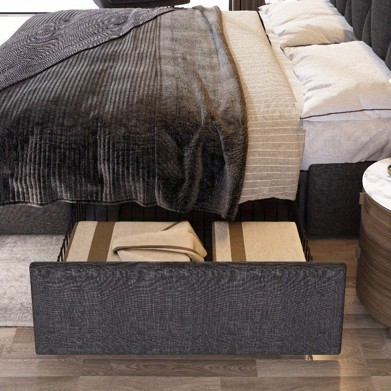 Bedframe 140x200 – Tweepersoonsbed – Opbergbed – Gestoffeerd Bed – Lattenbodem – Grijs – Met Opberglades en Hoofdeinde – Inclusief Matras en Houten Latten