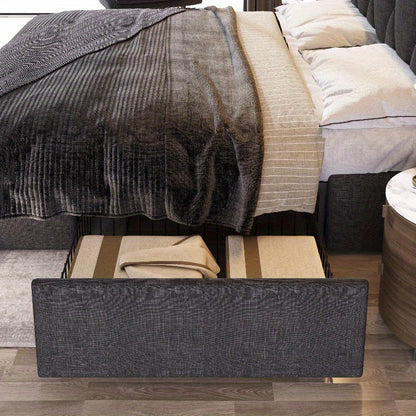 Bedframe 140x200 – Tweepersoonsbed – Opbergbed – Gestoffeerd Bed – Lattenbodem – Grijs – Met Opberglades en Hoofdeinde – Inclusief Matras en Houten Latten