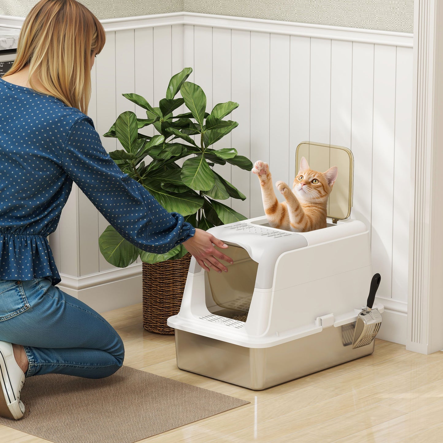 Kattenbak – Kattenbak Met Deksel – Katten Toilet – Kattenbak Met Schep – Gesloten Kattenbak – Roestvrijstalen Bak – Geurneutralisator – Voor Katten Tot 7 Kg