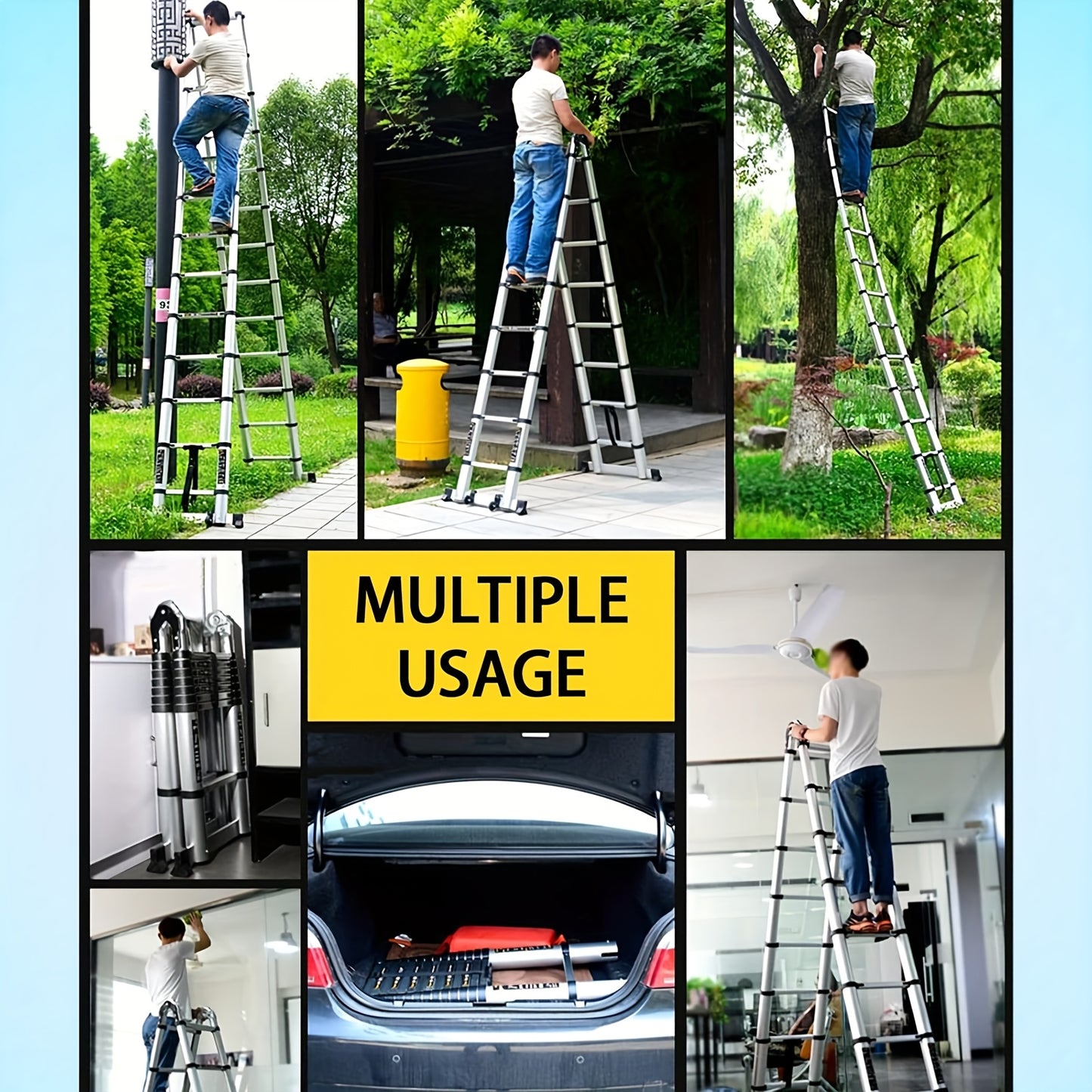 5M Telescopic Straight Ladder A-Frame Stainless Steel Folding Ladder, 16.4FT 2-IN-1 Extension Ladder With Support Bar 149.69KG Max Load For Household Outdoor Work