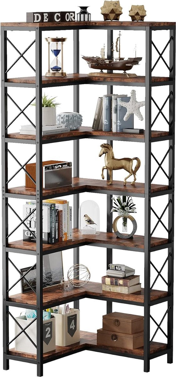 Boekenkast - Hoek Boekenkast met 7 Planken - Industrieel Grote Hoekplank - Spaanplaat - Bruin en Zwart - 60 x 60 x 200 cm