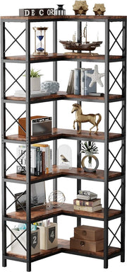 Boekenkast - Hoek Boekenkast met 7 Planken - Industrieel Grote Hoekplank - Spaanplaat - Bruin en Zwart - 60 x 60 x 200 cm