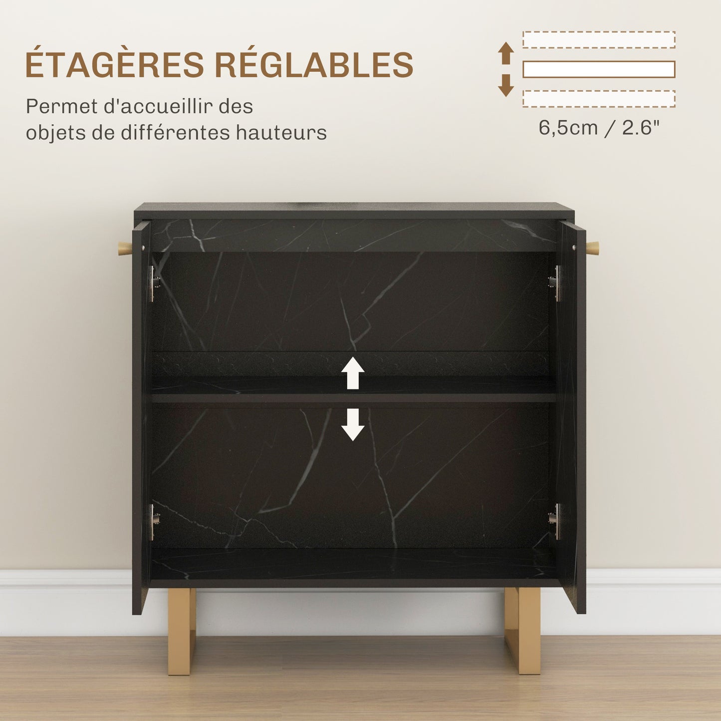 Homcom Living Room Storage Cabinet with 1 Drawer, 2 Doors, Adjustable Shelf, and Metal Legs - 76L x 35W x 77H cm, Black Marble Finish