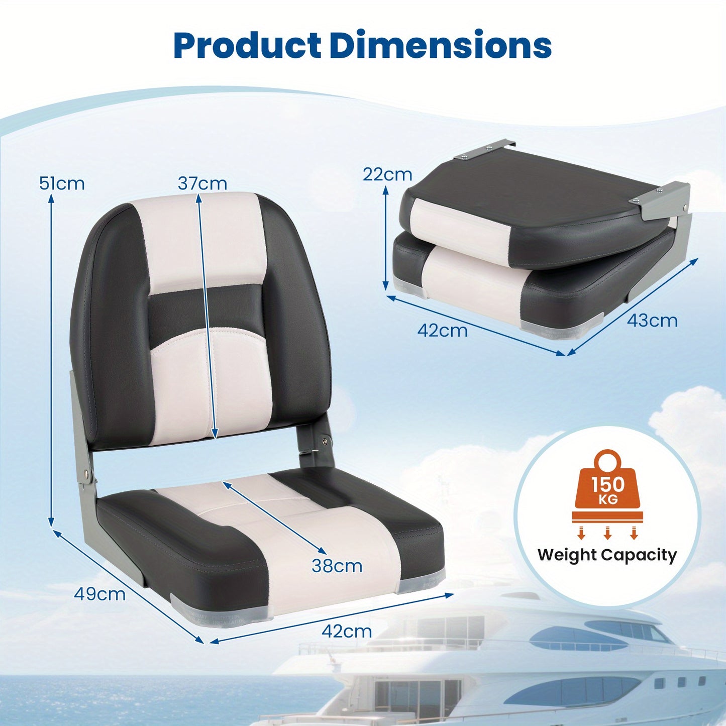 Inklapbare Bootstoelen – Bootstoelen Set – Vouwstoelen – Kajuitstoelen – Watersport Stoelen – Waterbestendig PVC Leer – Dikke Sponsvulling – Grijs