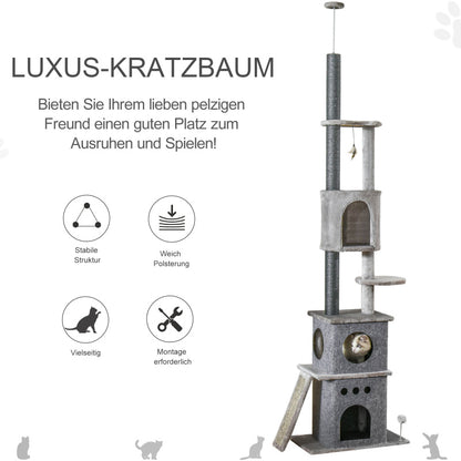 Krabpaal – Klimpaal – Krabmeubel – Kattenpaal – Kattenboom – Verstelbaar Tot 225 cm – Stevig Sisal Krabmateriaal – Lichtgrijs