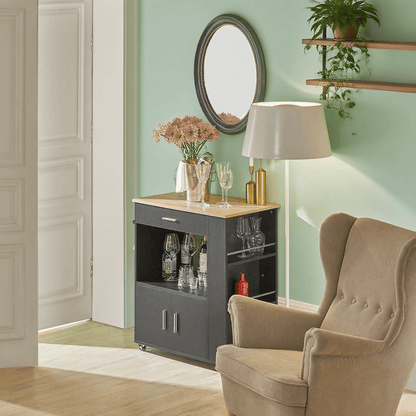 Keukentrolley – Keukenwagen – Serveerwagen – Keukenrek – Opbergkar – Met Lade en Deuren – MDF Zwart – 75x46x83 cm – Verrijdbaar met Remmen