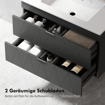 Badkamerkast Wandmeubel – Wastafelmeubel – Badkamermeubel – Opbergkast – Met Keramische Waskom – Zwart Mat – Soft-Close Lades – Ruimtebesparend Design – 76x46x50 cm
