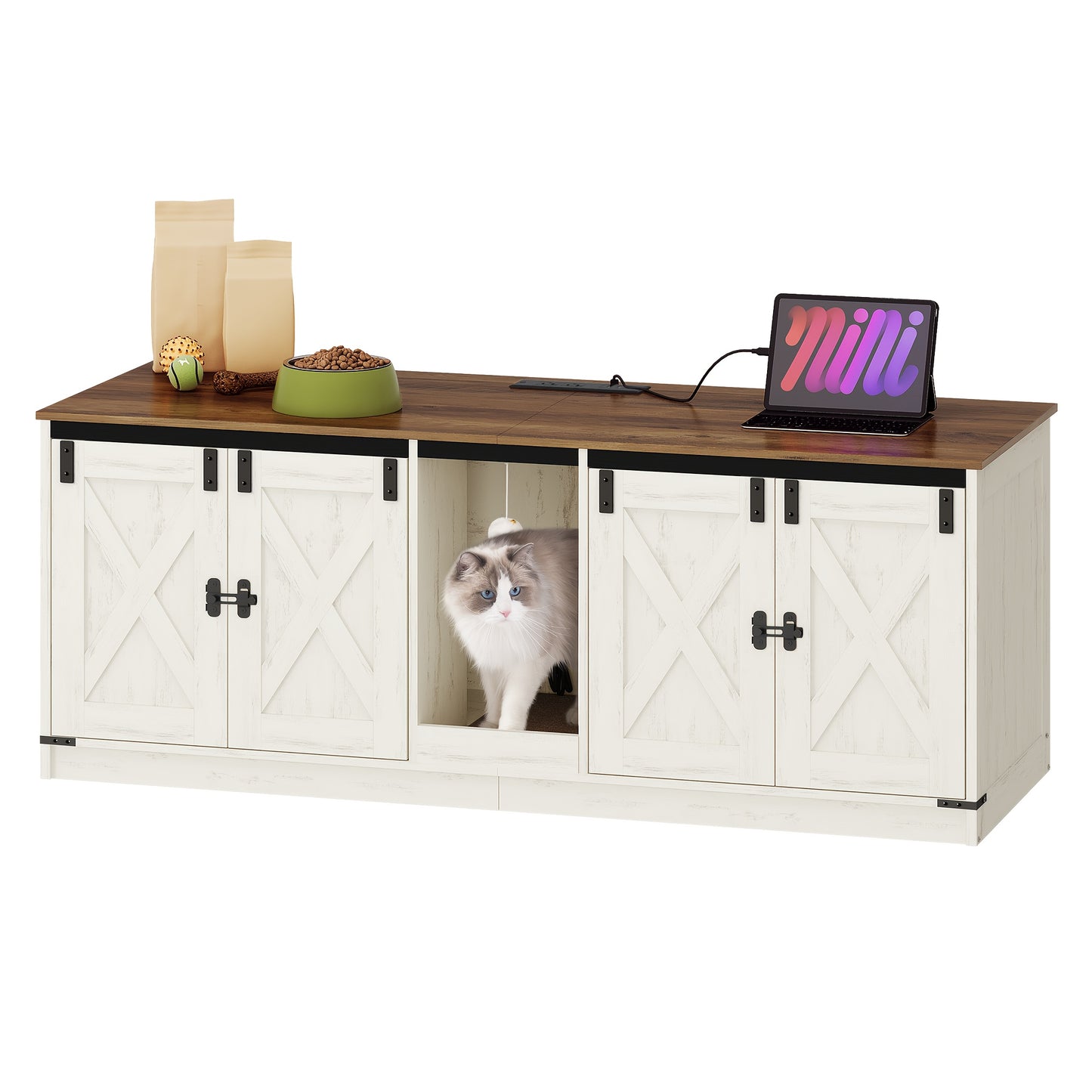 Kattenmeubel – Kattenkast – Kattenbakmeubel – Kattenhuis – Kattenbak Kast – Voor 2 Katten – Met Stopcontacten en USB-poorten – 140 cm – Bruin-Wit