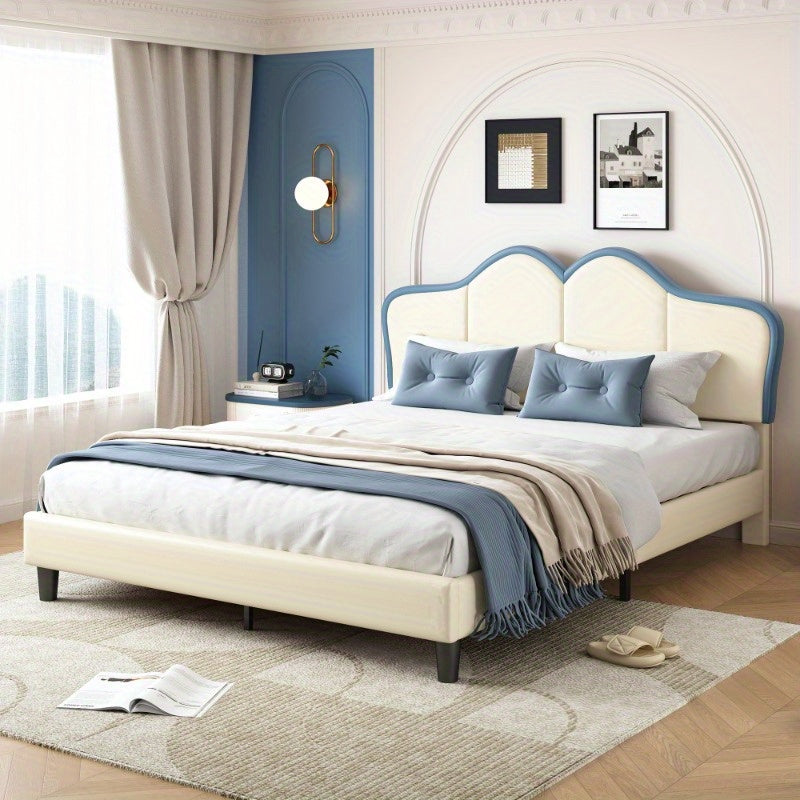 Bedframe – Bedombouw – Bedbodem – Ledikant – Slaapbank – Gevoerd Frame – Veiligheidsranden – 140x200 cm – PU Kunstleer – Wit Blauw
