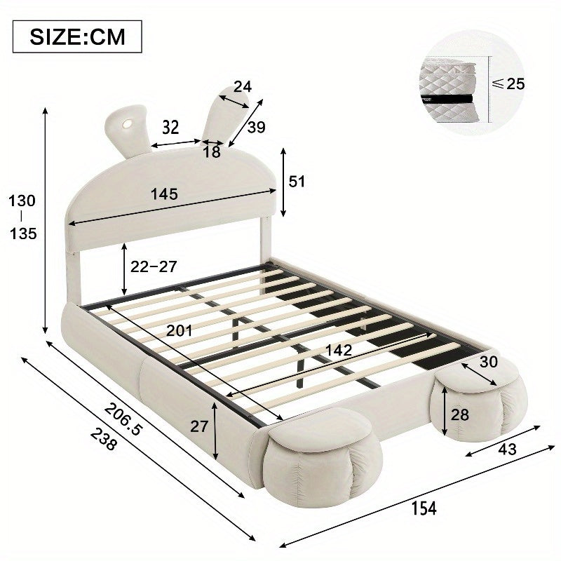 Beige Velvet Opbergbed – Bed Frame Met Opbergruimte – Tweepersoonsbed – Slaapbank – Bed Met Hoofdbord – 140x200 cm – Met Warm Verstelbaar Licht – Inclusief 2 Krukken