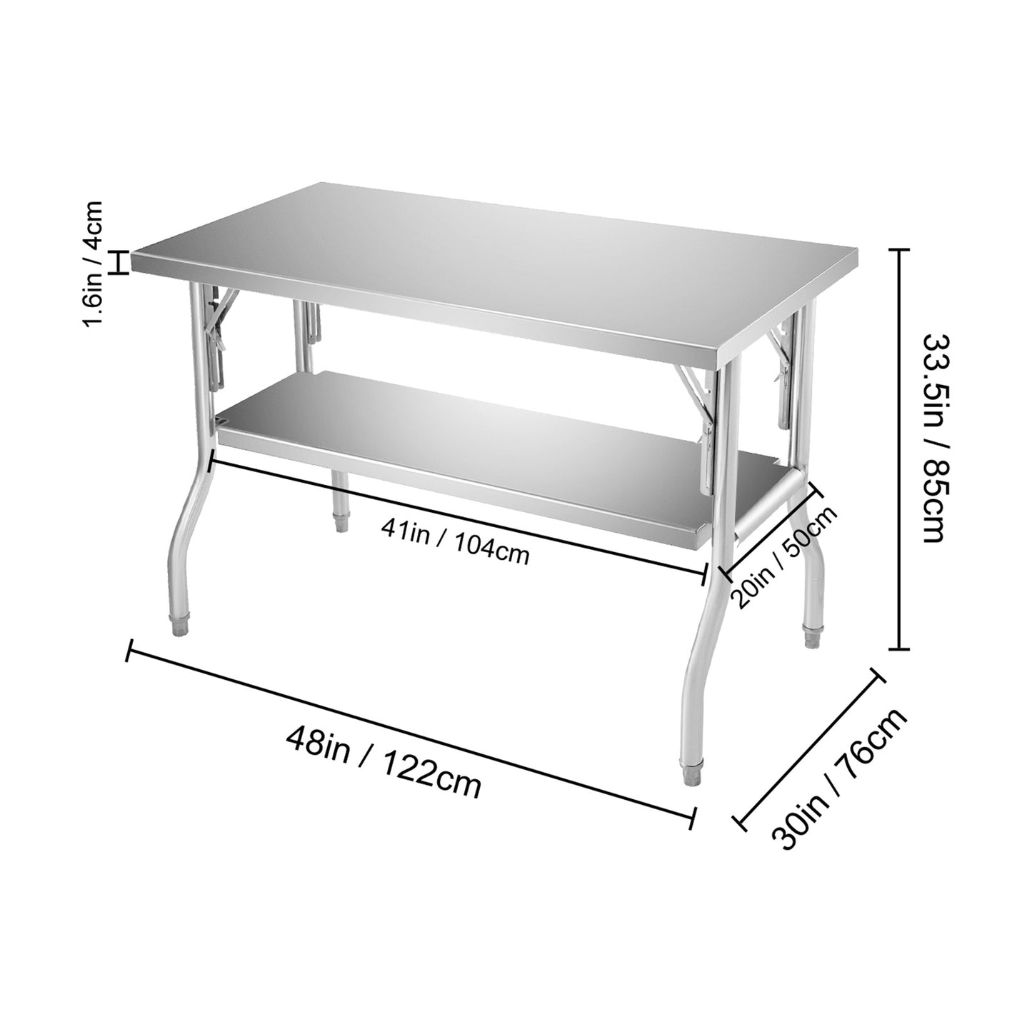 RVS Werktafel – Roestvrijstalen Werkbank – Inklapbare Werktafel – Keukentafel – Werkstation – Dubbele Plank – 122x76 cm – Draagvermogen 350 kg