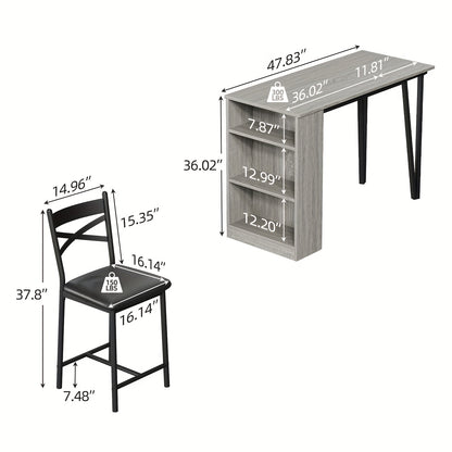 Eettafelset – Uitklapbare Tafel – Keukenstoel – Bartafel – Diningset – Compact Design – 3 Open Planken – Grijs