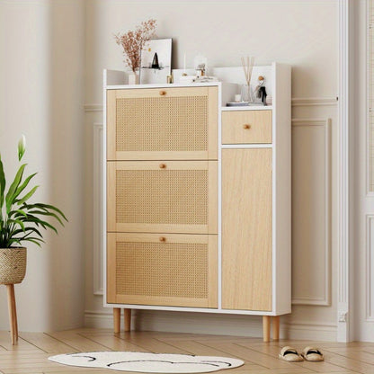 Schoenenkast – Schoenopberger – Schoenrek – Schoenmeubel – Halmeubel – Rattan Opbergkast Met 3 Kleppen – Smal Design Voor Kleine Ruimtes 90x125x17cm