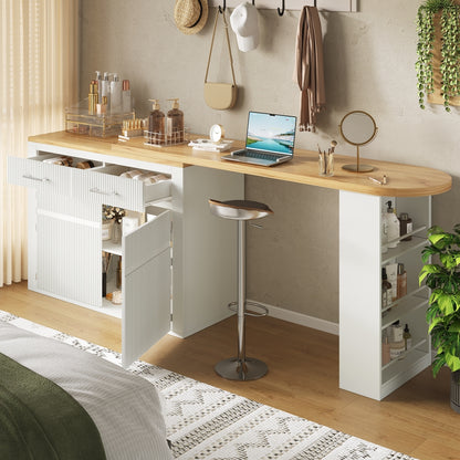Extendable Bar Table with Storage Space (137-215 × 39 × 102.3cm), Modern Mobile Bar Table, Extendable Bar Table with One Drawer and Two Shelves, Tall Kitchen Island Dining Table, White