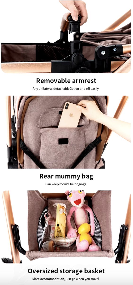Kinderwagen 3 in 1 - Kinderwagen - Bedje - Buggy - Autostoel - Opvouwbaar - Aluminium frame - Lichtgrijs - Zilver - Bruin