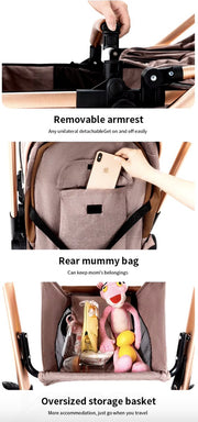 Kinderwagen 3 in 1 - Kinderwagen - Bedje - Buggy - Autostoel - Opvouwbaar - Aluminium frame - Beige/Khaki - Goud - Bruin