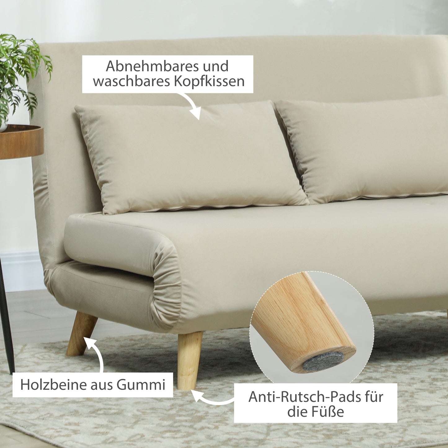 Slaapbank – Bedbank – Slaapbankje – Uitklapbank – Veloursbank – Beige – Incl. 2 Kussens – Compact 130x78x79 cm