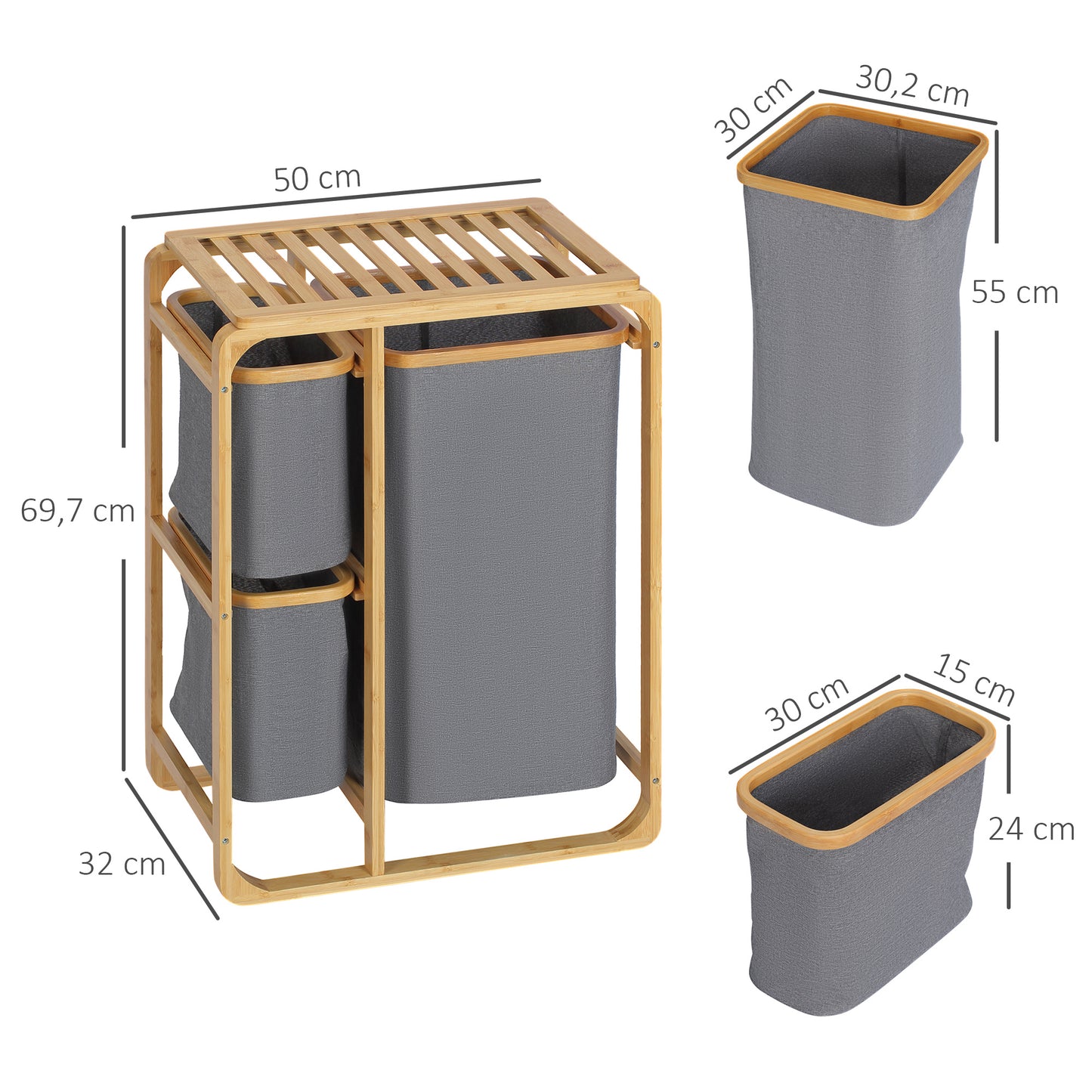Bamboe Wasmand – Wasbak – Wasbox – Wascontainer – Wasopvang – Natuurlijke Grijze Kleur – 3 Uitneembare Mandjes – Compact & Ventilerend Ontwerp
