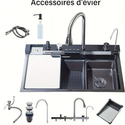 Black Nano Countertop 304 Stainless Steel Waterfall Single Bowl Sink Workstation, with Multifunctional Digital Display Feiyu Pull-out  (gunmetal Gray, 68x45x22cm)