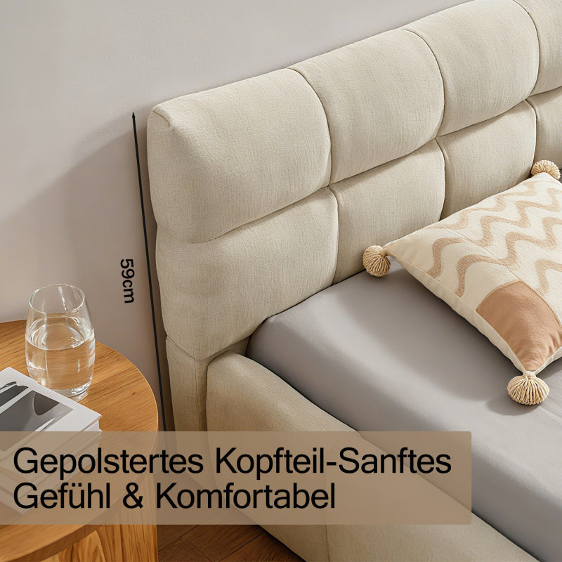 Tweepersoonsbed – 2-Persoonsbed – Bed – Slaapbed – Ledikant – Chenille Bekleding – 160x200 cm – Eucalyptus Houten Frame – Stabiel Metalen Onderstel – Beige – Modern Rustiek Design