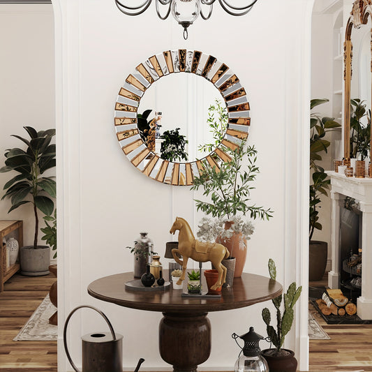 Round Sunburst Wall Mirror: Contemporary Decorative Wall Mirror Chic Round Mirror Glass with Art Silvery Et Brown Glass Beveled Edge, Hanging Accent Vanity Mirror, Decorative Wall-Mounted Mirror for Living Room, Bedroom, Foye