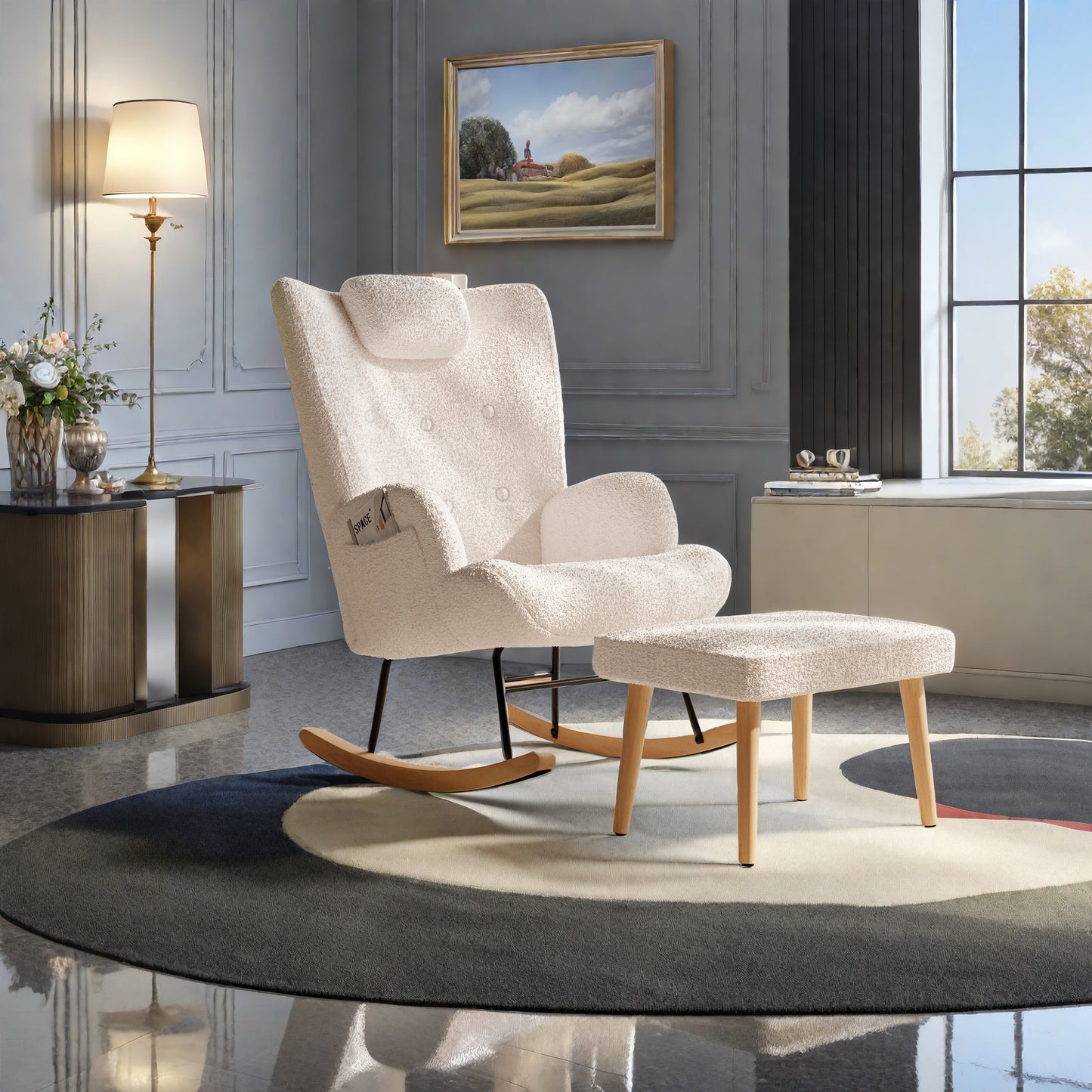 Fauteuil – Schommelstoel – Relaxstoel – Loungestoel – Zitstoel – Inclusief Voetenbank – Memory Foam Kussen – Houten Frame