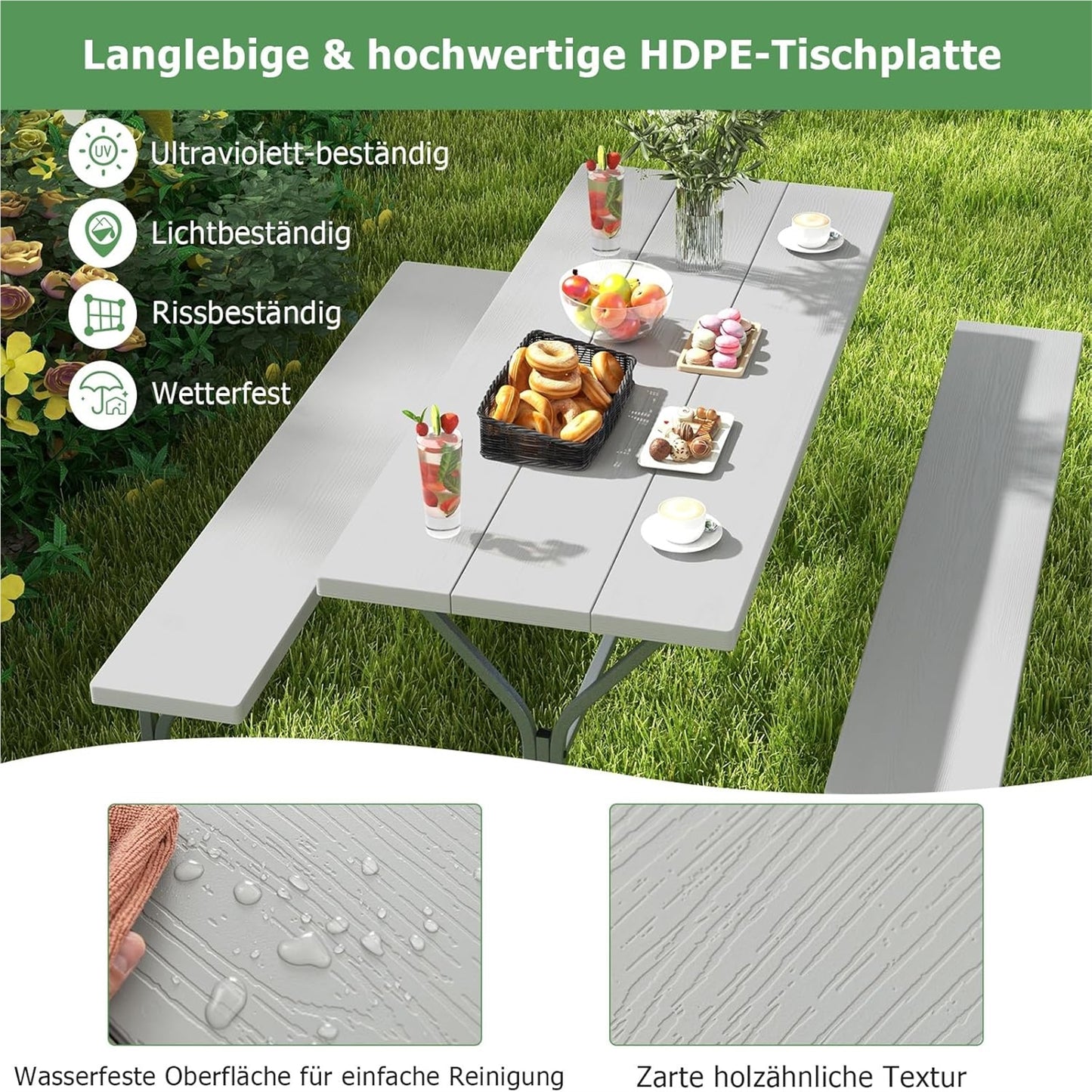 Biertafeltje – Biertafel – Bierbank – Biertafelset – Biertentset – Weerbestendig HDPE Tafelblad – Inclusief Parasolhouder – Voor 6-8 Personen – Grijs