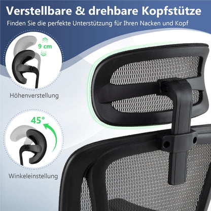 Ergonomische Bureaustoel – Kantoorstoel – Computestoel – Werkstoel – Bureaustoel Zwart – Uitschuifbare Voetensteun – 3D Verstelbare Armleuningen