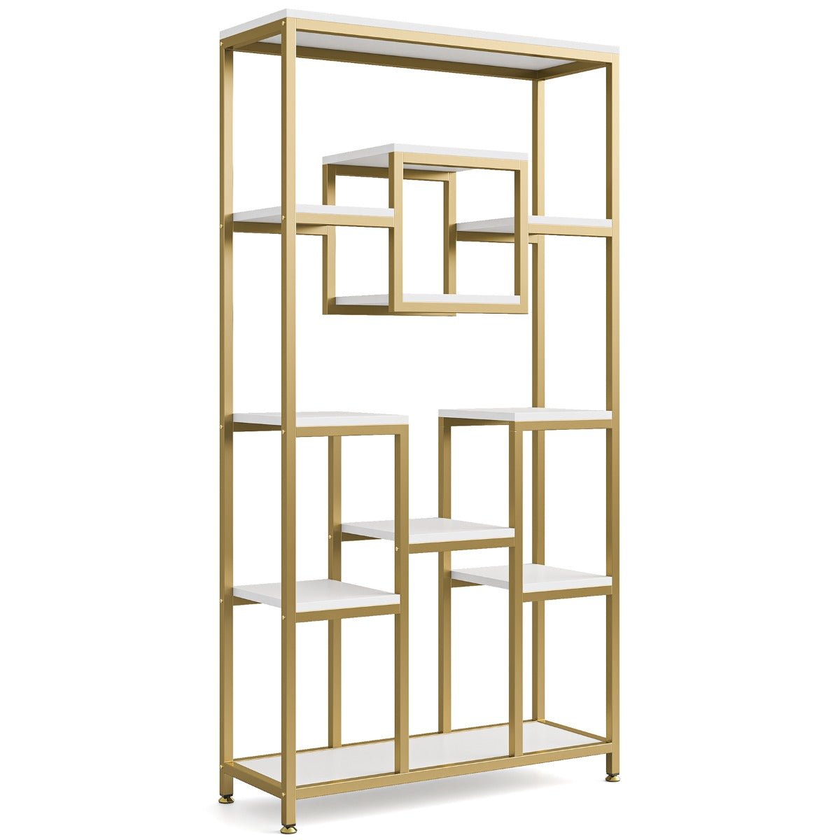 Golden & White 180.34cm Modern Tall Bookshelf - 11-Tier Large Heavy-Duty Bookcase with Geometric Cubed Design, Freestanding Open Shelving Unit, Sturdy Engineered Wood Construction, 68.58cm+ Height & 22.68 KG/Shelf Capacity, S