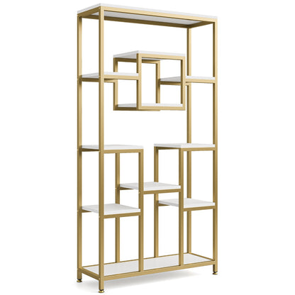 Golden & White 180.34cm Modern Tall Bookshelf - 11-Tier Large Heavy-Duty Bookcase with Geometric Cubed Design, Freestanding Open Shelving Unit, Sturdy Engineered Wood Construction, 68.58cm+ Height & 22.68 KG/Shelf Capacity, S