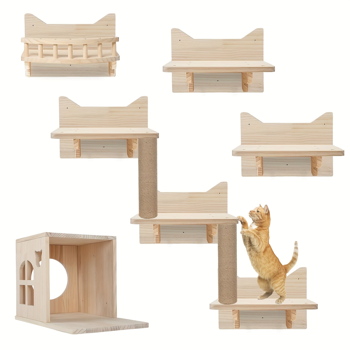 Krabpaal – Kattenboom – Krabmeubel – Kattenhuis – Klimmeubel – Muurbevestigd – Stevig Houten Design – Ruimtebesparend 9-delige Set – Draagt Tot 11,34 Kg