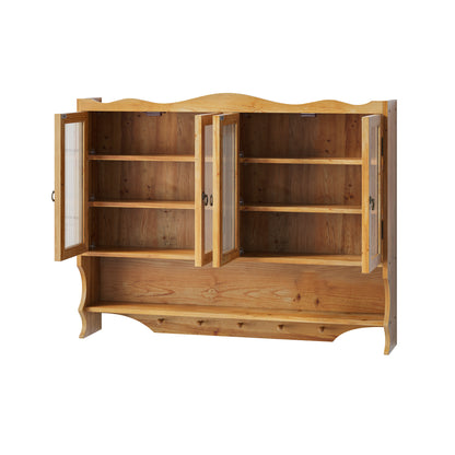 Wandkastje – Opbergkast – Muurkast – Houten Kast – Badkamerkast – 100 cm Breed – Massief Hout Met Glas – 4 Deuren – 2 Verstelbare Planken – Open Haakrek