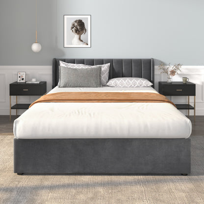 Upholstery bed 140 x 200cm with a slatted frame backrest 2 drawers gray