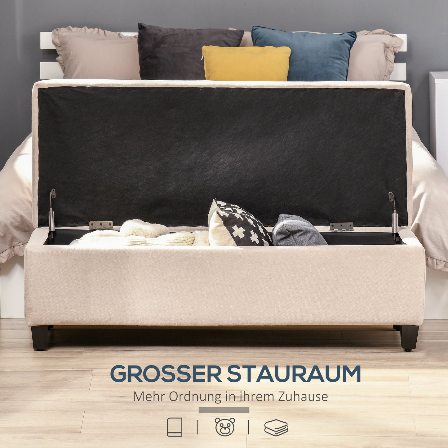 Bank – Sofa – Zitbank – Bench – Beige – Met Opbergruimte – Flanelstof Met Knoopjes – Draaggewicht 120 kg – 125 x 49 x 41,5 cm