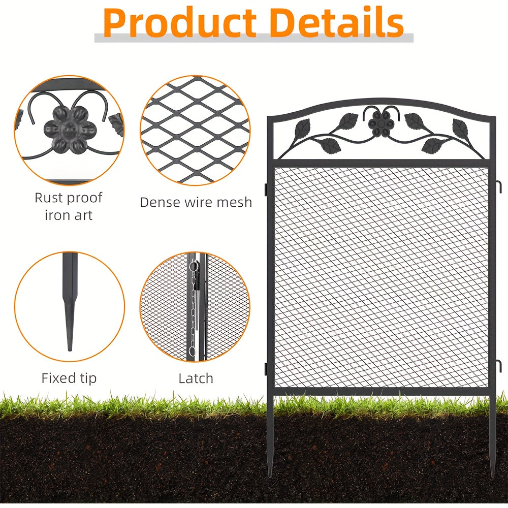 5 Pack Metal Garden Fencing: Decorative Garden Fence Panels 110cm Tall 60cm Wide Black Coated Metal Fencing Border Outdoor, Heavy Duty Steel Landscape Yard Border for Outside Patio Decor High Animal Barrier