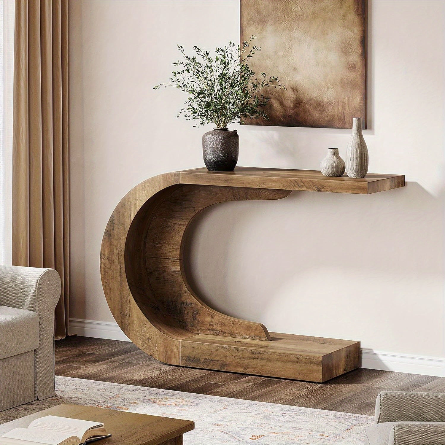 Sidetable – Bijzettafel – Halmeubel – Console Tafel – Woonkamermeubel – Mid-Century Modern C-Vorm – Rustieke Bruine Afwerking – Duurzaam Gelamineerd Hout - QUORE