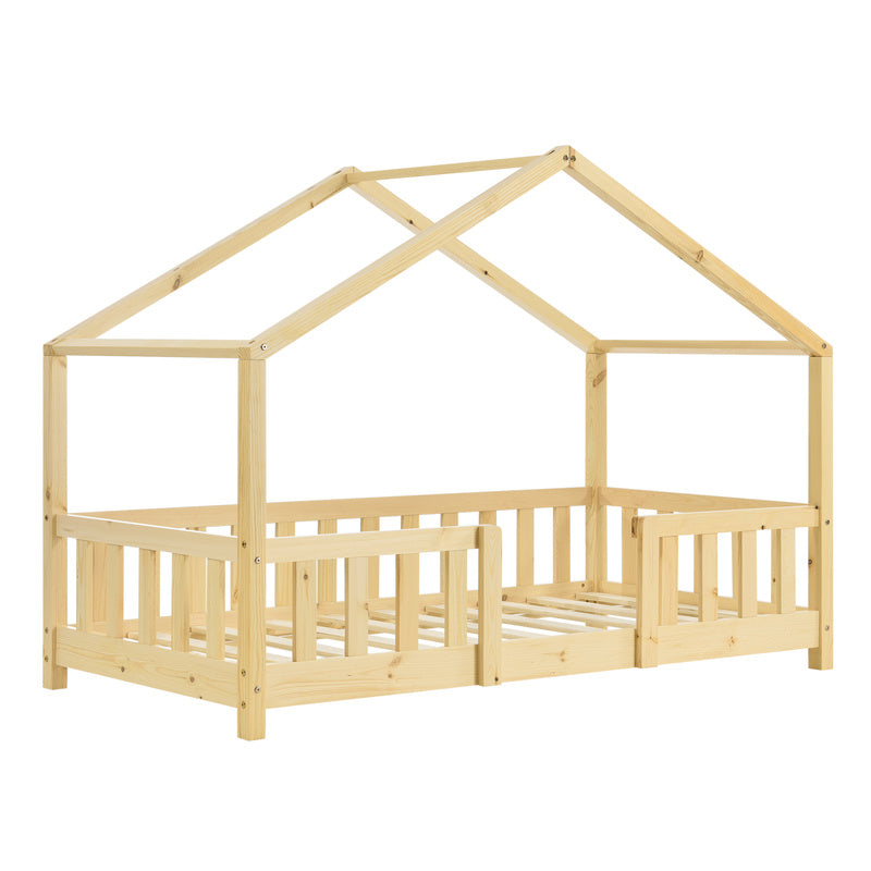 Kinderbed – Kinderbedden – Eenpersoonsbed – Hoogslaper – Stapelbed – Huisvormig Design – Valbeveiliging – Grenenhout – 140x200 cm