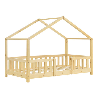 Kinderbed – Kinderbedden – Eenpersoonsbed – Hoogslaper – Stapelbed – Huisvormig Design – Valbeveiliging – Grenenhout – 140x200 cm