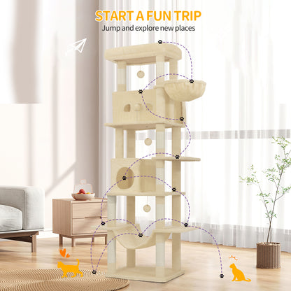 Krabpaal – Kattenkrabpaal – Kattenboom – Kattenhuis – Kattentoren – 210 cm Hoogte – Groot Platform 60x40 cm – Wasbare Mat – 8 Sisal Krabpalen – Geschikt Voor Grote Katten – Beige