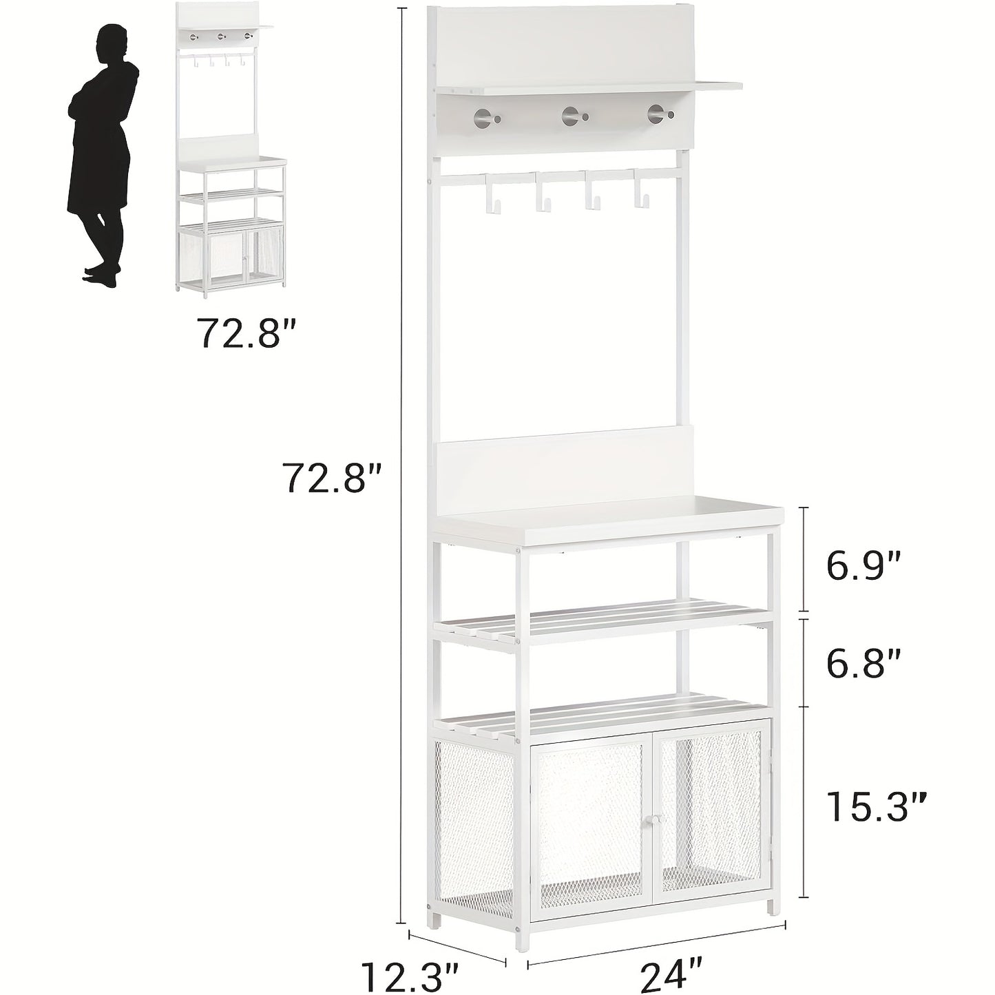 Kapstok – Jashaak – Schoenenrek – Garderoberek – Entree Organizer – Wit – Smal Design – 7 Haken – 3 Laags Schoenenrek – Hoogwaardige MDF & Metaal