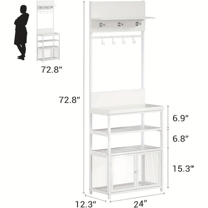 Kapstok – Jashaak – Schoenenrek – Garderoberek – Entree Organizer – Wit – Smal Design – 7 Haken – 3 Laags Schoenenrek – Hoogwaardige MDF & Metaal