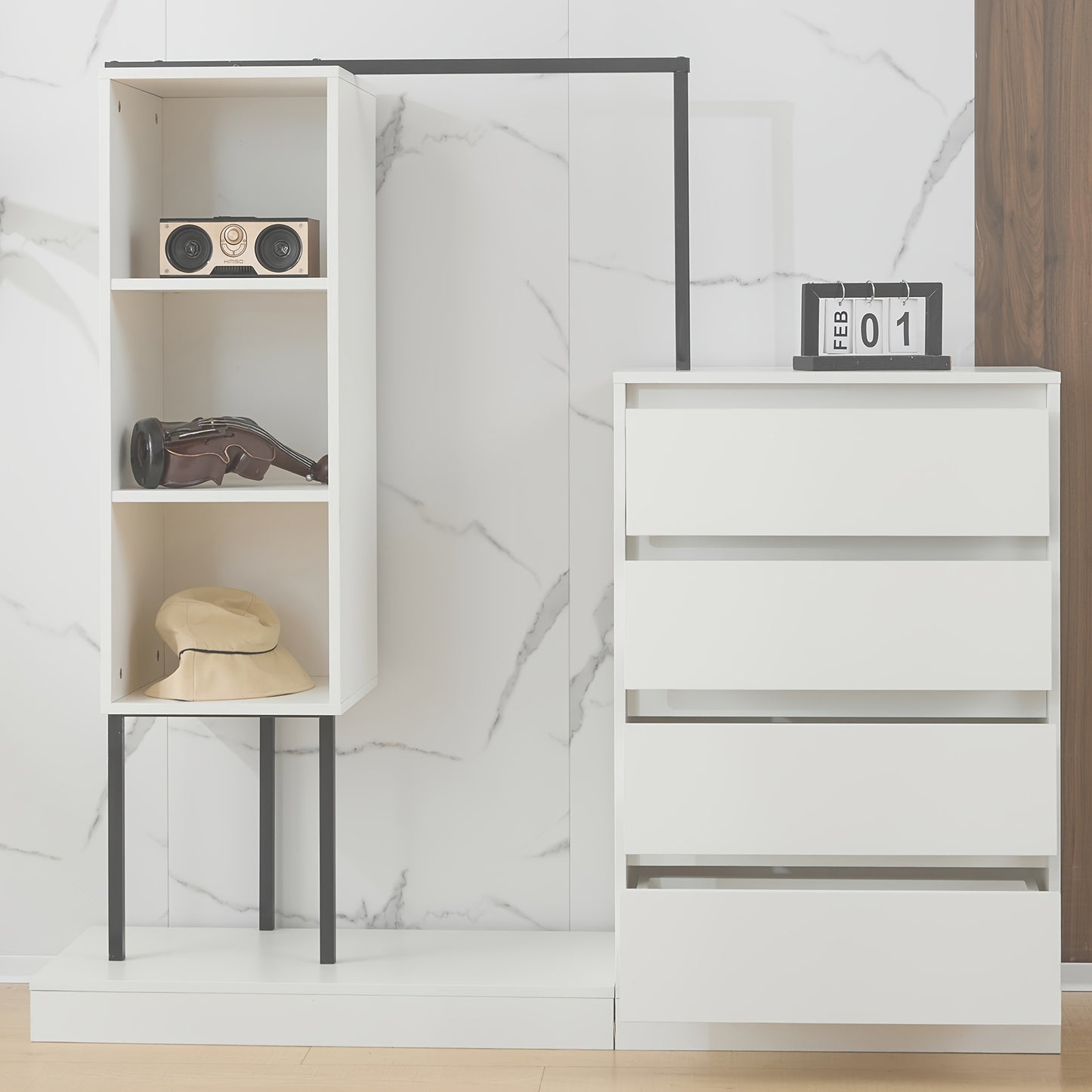 Modern White Metal Chest of Drawers & Wardrobe Set - Freestanding 5-Drawer Dresser with Hanger Rod, Heavy-Duty Non-Wood, Space-Saving Furniture for Small Spaces, Easy Assembly (No Wood Parts), 140x40x135cm)