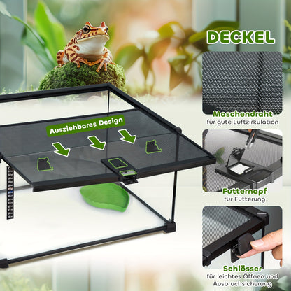 Reptilienterrarium – Glazen Terrarium – Amfibieën Terrarium – Spinnenterrarium – Kweekbak – Zwart Design – Ingebouwde Thermometer – 50 x 30 x 25 cm