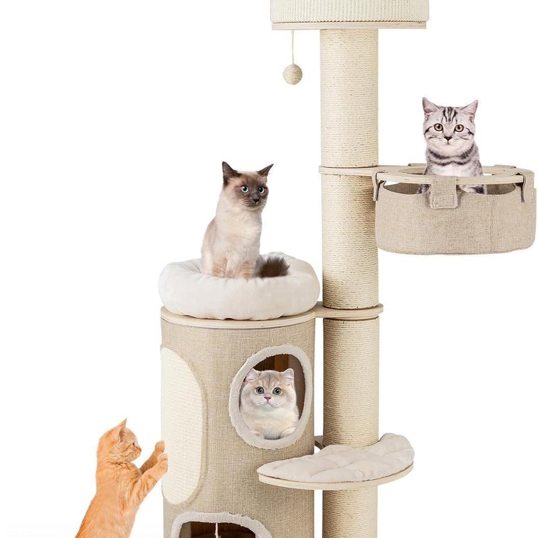 Kattenkrabpaal – Krabpaal – Krabmeubel – Kattenhuis – Klimpaal – 2-laags met Sisal Bekleding – Inclusief Hangmat en Speelballen